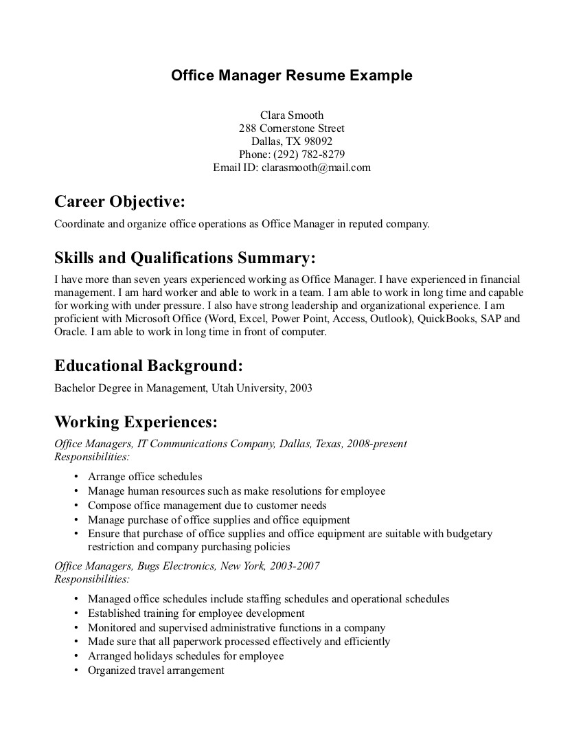 Manager office resume